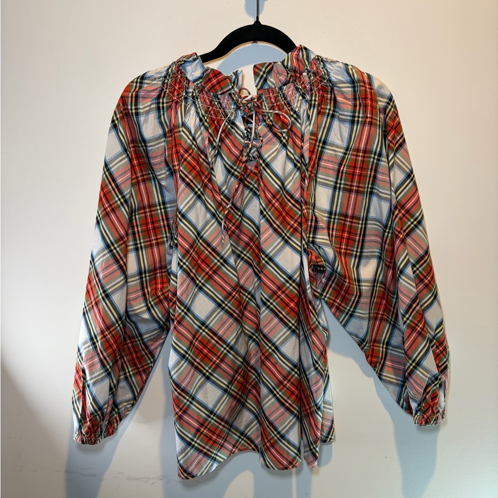 J Crew Smocked-neck cotton poplin top in Snowy Stewart tartan - Picture 3 of 5